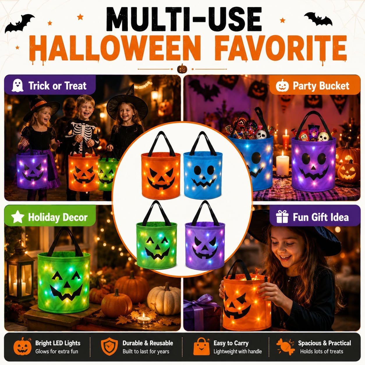 LED Light-Up Halloween Candy Bucket – Orange