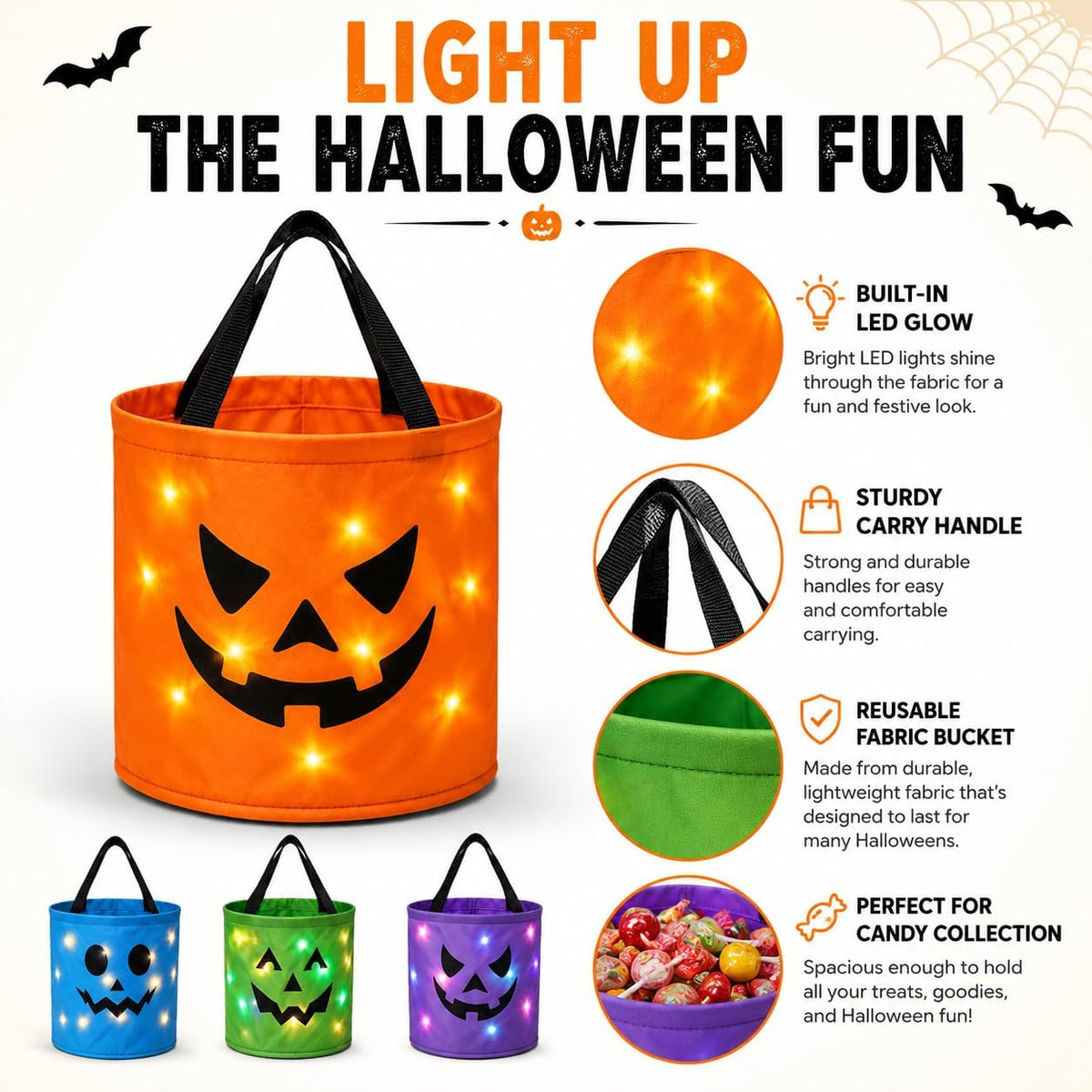 LED Light-Up Halloween Candy Bucket – Orange